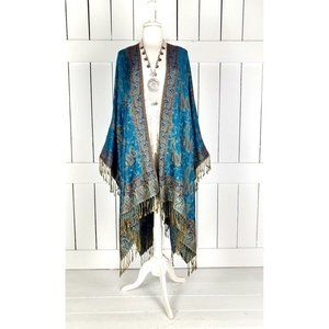 Blue floral paisley fringe tassel pashmina kimono cardigan cover up